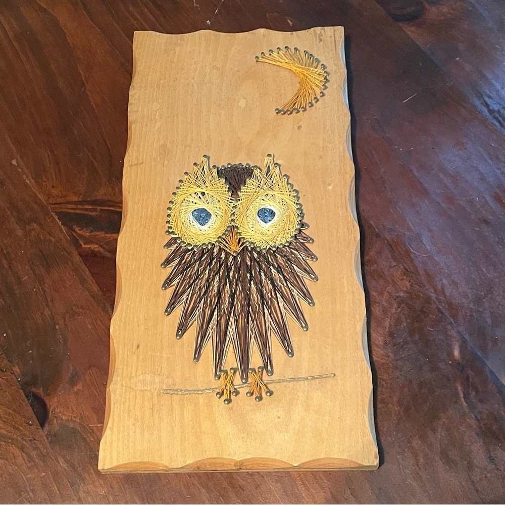 Vintage Copper Nail String Art Framed Owl and crescent MOON finished wood